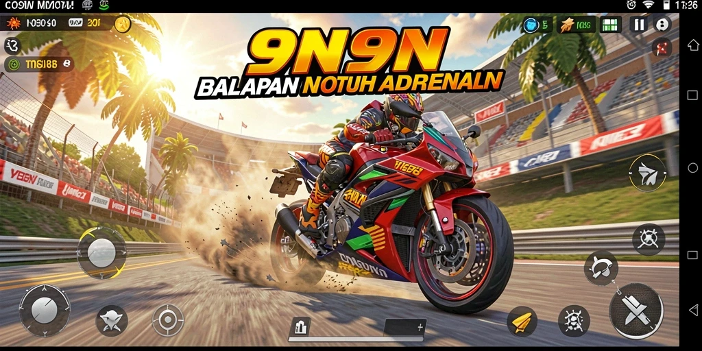 Screenshot utama 9N9N menampilkan aksi balapan motor yang seru.