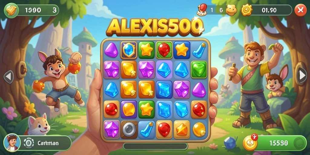 Tangkapan layar ALEXIS500 menampilkan gameplay Match-3 yang seru.
