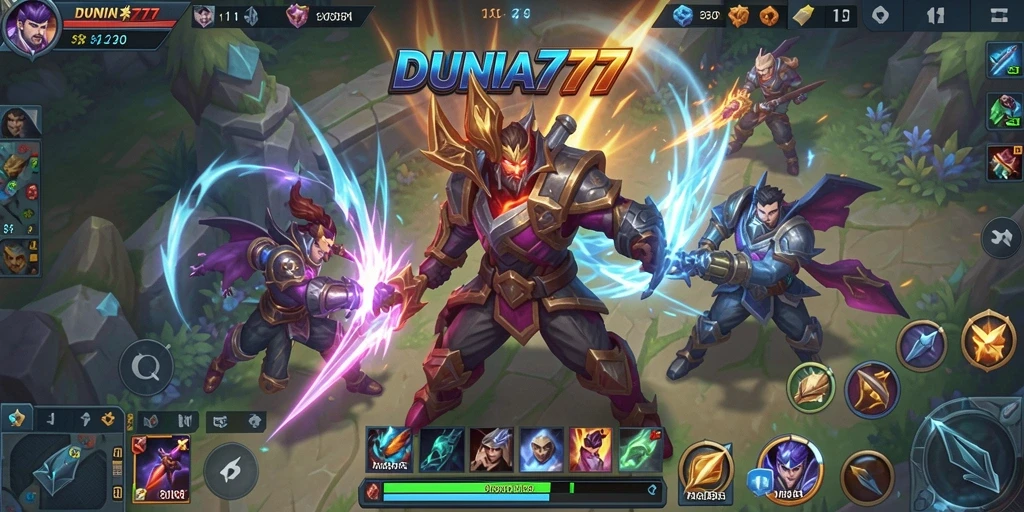 Screenshot DUNIA777 menunjukkan pertempuran seru dalam game MOBA.