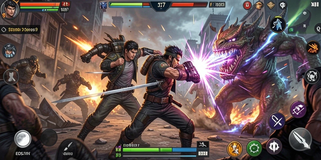 Tangkapan layar menampilkan pertempuran seru dalam gameplay EOS77.