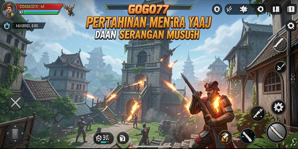 Screenshot GOGO77 menampilkan serangan musuh terhadap menara dalam gameplay Tower Defense.