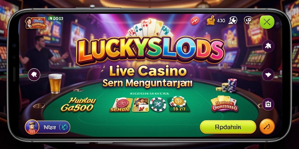 Screenshot gameplay LUCKYSLOTS dengan dealer langsung dan permainan slot yang menarik.
